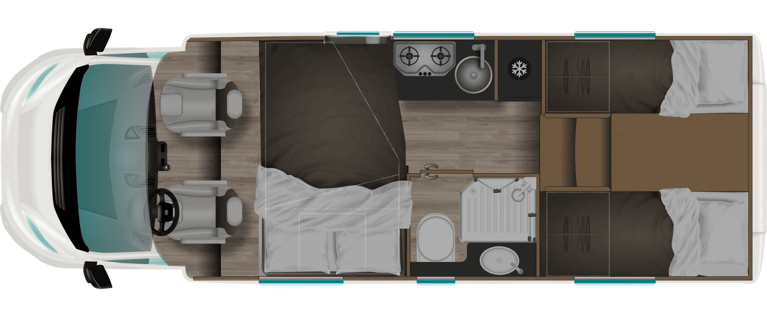 Plano nocturno distribuci&oacute;n interior autocaravana Itineo PJ700 2024 con camas gemelas, cocina y cama de techo