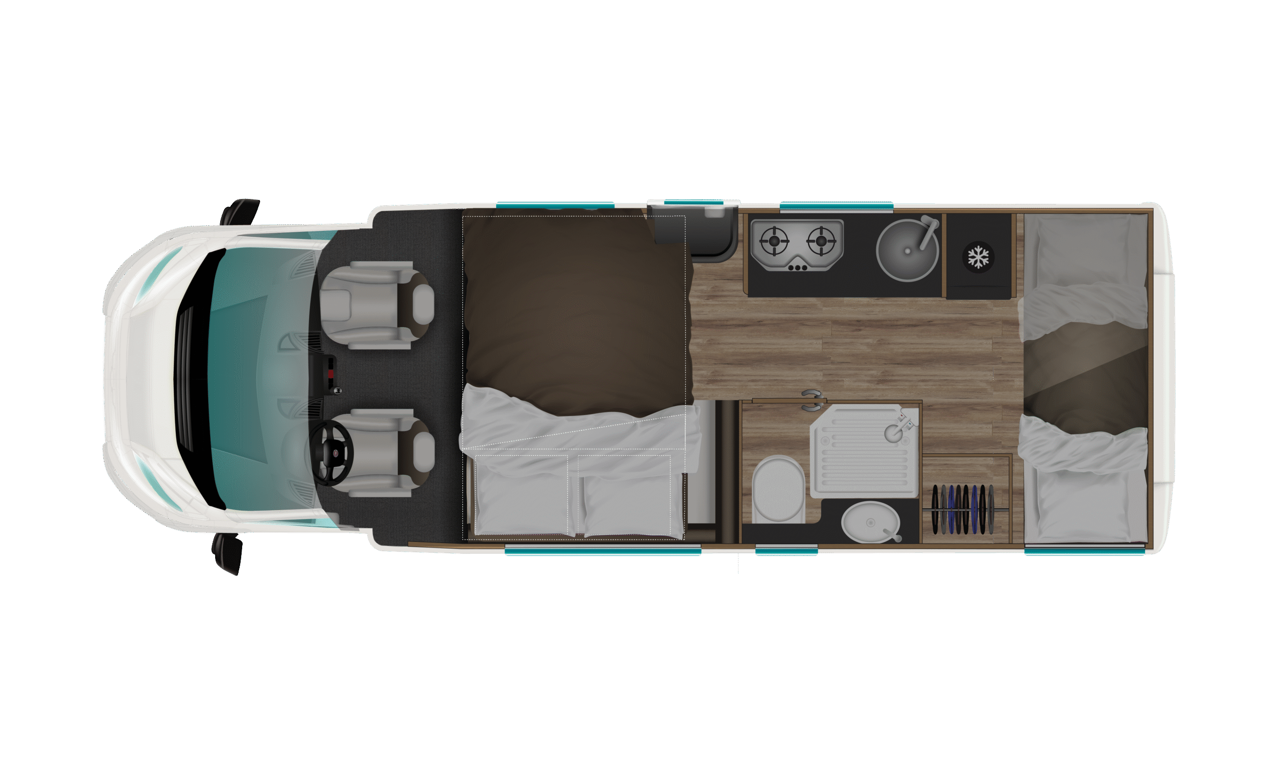 Plano distribuci&oacute;n nocturna Itineo PS700 2024 con literas traseras y cama de techo sobre el sal&oacute;n