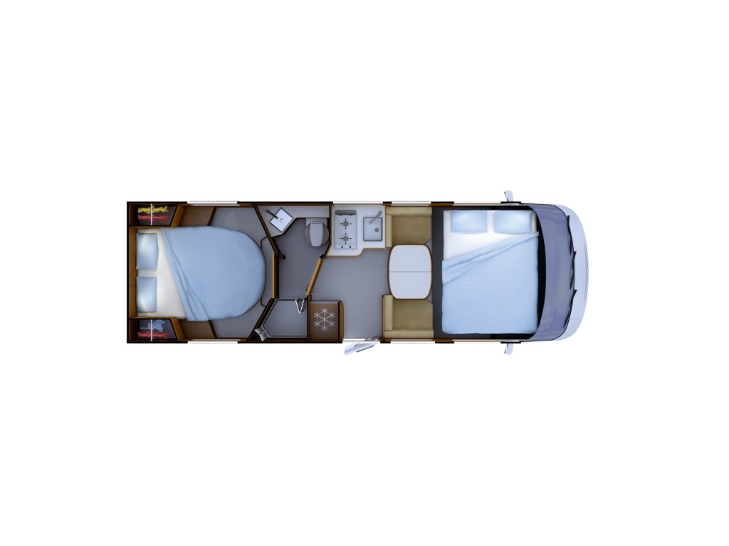 Plano nocturno de la autocaravana Rapido C86i 2025 integral con cama isla, cama de techo sobre cabina y salón Face to Face